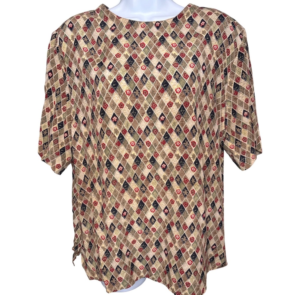 Vintage Quo Silk Womens Brown Argyle 100% Silk Short Slv Blouse Sz L Office Wear